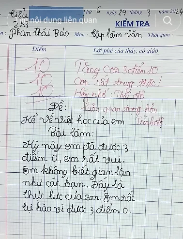 Bài văn kể về việc học được 3 điểm 0, cô giáo chấm hẳn 3 điểm 10 còn hết lời khen ngợi